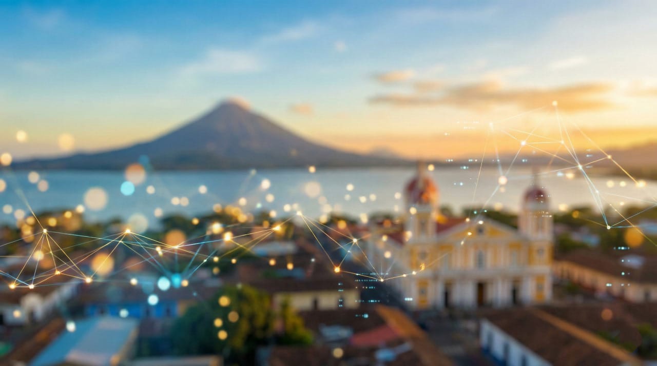 Ciudad colonial de Nicaragua con un volcán al fondo y líneas de conexión digital